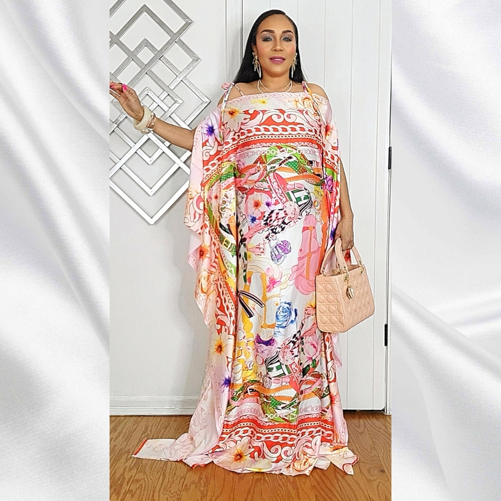 The Monaco Style Off The Shoulder Satin Kaftan Maxi Dress